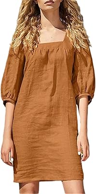 Linen summer dress for woman solid color simple square and sleeves.. From fashion trends to home essentials — find it on DIAYTAR Nigeria.