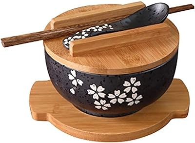 Ceramic bowl with wooden spoon, chopsticks and cover for noodles, soup, rice and porridge.. DIAYTAR NIGERIA revolutionizes online retail with our extensive selection and dependable shipping service.