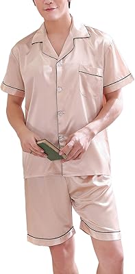 Ningoon set pajamas in silk satin for men, buttoned on the front, short sleeves, two -room pajamas buttoned, night clothes with pockets.. DIAYTAR NIGERIA delivers happiness in 5-8 days with our affordable and diverse product range.