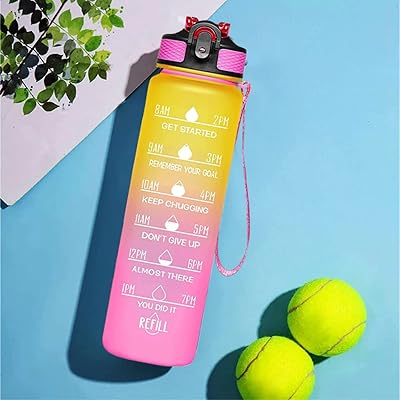Bottle of motivation water seen with markers of consumption time, durable and waterproof, daily use for fitness, the gym, the office, outdoor sports (yellow-rose).. Enjoy the simplicity of shopping with DIAYTAR NIGERIA, offering vast choices delivered in just 5-8 days.