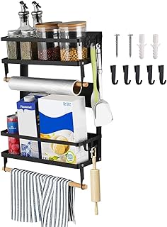 Magnetic spice shelf, magnetic refrigerator shelf, refrigerator storage organizer, 2-level wall spice shelf with paper towel holder and 5 hooks.. DIAYTAR NIGERIA: Bringing affordable shopping solutions with a diverse product catalog delivered nationwide.