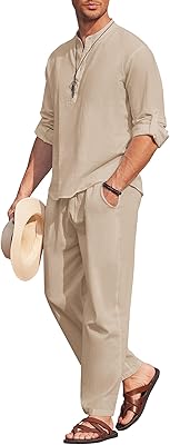 Henley relaxed shirt set with long cotton sleeves and linen for men with pockets, suitable for summer clothes and yoga.. DIAYTAR NIGERIA: Connecting Nigerians with affordable products through our expansive e-commerce platform.