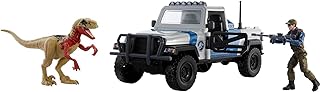 Set of truck Jurassic World, Atrociraptor dinosaur and film vehicle with human figurine with destruction area, gift toy with connected game.. DIAYTAR NIGERIA: Where shopping dreams come true with budget-friendly prices and nationwide shipping.