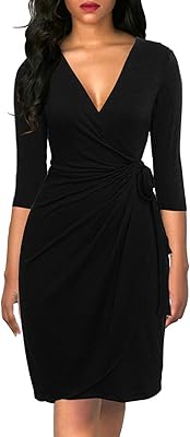 Classic dress for women with 3/4 sleeves and V -neck, relaxed for holidays and work, in black imitation leather.. DIAYTAR NIGERIA: Bringing quality products to every Nigerian with affordable nationwide delivery.