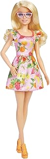 Fashionistas barbie doll with blond hair, fruit print dress, ruffled sleeves, thick orange heels and pink children's glasses from 3 to 8 years old, multicolored.. Find quality and variety without breaking the bank — only on DIAYTAR Nigeria.