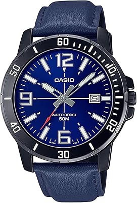 Analog watch for men with blue dial and leather bracelet mtp-vd01bl-2bvudf., Blue, bracelet.. DIAYTAR NIGERIA delivers more than expected with our extensive catalog and 5-8 day delivery service.