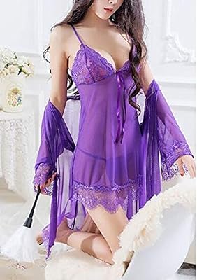 Set 3 pieces of sexy lingerie for lace woman, babydoll night clothes, thong, purple, size M.. DIAYTAR Nigeria: Where affordability meets fast and reliable e-commerce service.