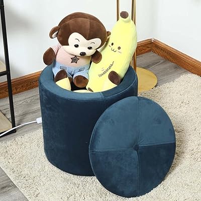 Yatai round pouf padded in velvet, padded storage box, footrest with cover, changing footrest for living room, bedroom, children's chair (blue).. DIAYTAR Nigeria: Great value, fast delivery, and endless options.