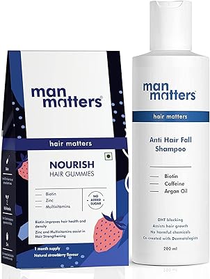 DKM Man Matters Anti hair loss shampoo and biotin hair gums | Strengthens and smooth your hair | 200 ml pack of shampoo and 30 gummies.. Need something fast? Order it now from DIAYTAR Nigeria.