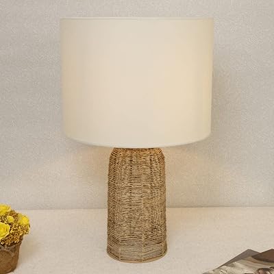 Homes R US rattan table lamp, beige, white and natural color - 66 cm - 5110100202374.. DIAYTAR NIGERIA: Putting quality products within reach of every Nigerian through our affordable marketplace.