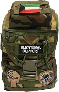 Military backpack combination of green, brown and black camouflage with Kuwait flag, emotional support badge, skull badge and black badge.. With DIAYTAR Nigeria, shopping online is easy, affordable, and fast.