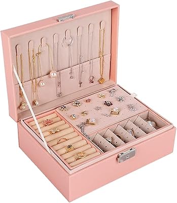 Jewelry box for women and girls, large leather travel storage box at 2 levels to display 74 ear nails, 12 earrings, 8 necklaces, 6 bracelets, watches, 9 rings and 9 additional (pink).. DIAYTAR Nigeria: Great value, fast delivery, and endless options.