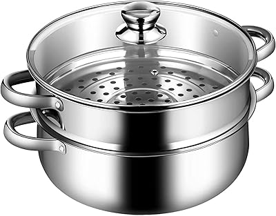 Ggerou steel steel cooker stainless steel, 11-inch multi-layer pan with handle on both sides, with tempered glass cover, operates with gas, electric, grill stove, dishwasher, includes 2 Septa of steamed cooking (2 levels).. DIAYTAR NIGERIA brings the joy of affordable shopping to your fingertips with delivery in less than 8 days.