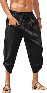 Sarouel Kofandi in linen for men, Capri pants, elastic waist, relaxed, loose, cotton, beach yoga pants with pockets.. DIAYTAR NIGERIA: Where affordability and variety meet with convenient delivery within 8 days.