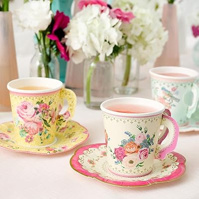 Talking Table - Set of 12 tea cups and paper saucers with mixed vintage design, 170 ml, yellow/pink/green.. From big brands to everyday basics — DIAYTAR Nigeria has you covered.