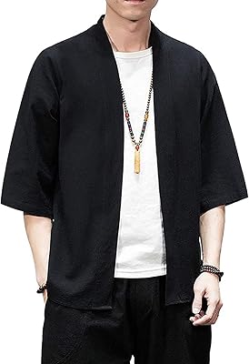 Japanese cotton and linen kimono cardigan for men, 3/4 sleeves, open to the front.. Your one-click solution to affordable shopping, DIAYTAR NIGERIA delivers quality products nationwide.