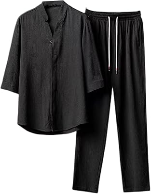 Set of summer in linen summer clothes, relaxed shirt with short sleeves buttoned on the front, set of large -free yoga pants.. DIAYTAR NIGERIA revolutionizes online shopping with competitive prices and reliable 5-8 day delivery.