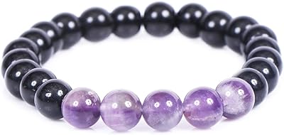 Bracelet of therapeutic precious stones in black tourmaline and amethyst crystal, jewelry for men and women, black and purple, pearl size 8 mm, stone, amethyst.. Discover the joy of online shopping with DIAYTAR NIGERIA's budget-friendly prices and reliable shipping.