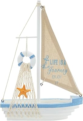 Decor of sailboat model - Wooden sailboat interior decoration, beach nautical style, blue and white.. DIAYTAR NIGERIA transforms online shopping with competitive prices and dependable nationwide delivery.