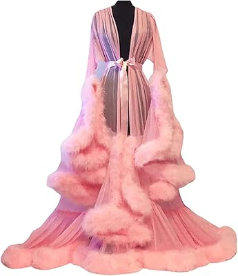 Woman pajamas, long night clothes for women, woman lingerie, night shirt in transparent lace mesh, long sleeves in feathers, long robe, night shirt with belt (color: red watermelon).. Don’t wait weeks — DIAYTAR Nigeria delivers your order in just a few days.