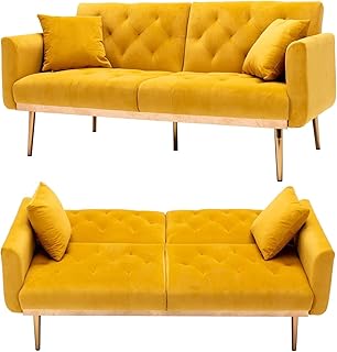 Modern convertible sofa with light and luxurious velvet (yellow).. Shop confidently on DIAYTAR Nigeria — everything you need, delivered quickly.
