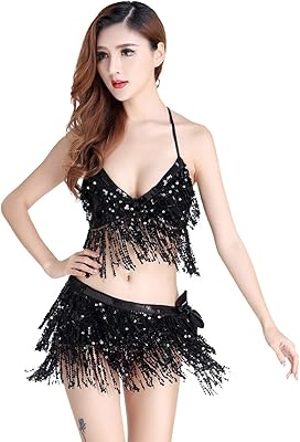 JAVIST oriental oriental Dance bra with chest, hip scarf and pompoms (black).. DIAYTAR NIGERIA: Empowering Nigerians with access to affordable products delivered within 8 days.