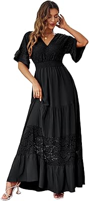 Simply formal long dress in floral lace for women, V -neck, short sleeves, long dress for bride, wedding party, guest holidays.. Shop with confidence at DIAYTAR NIGERIA, enjoying competitive prices and delivery within 8 days.