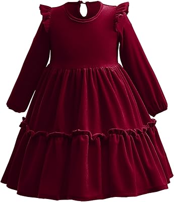Velvet dress for baby girl with long sleeves with ruffles for Christmas party, wedding, birthday, holidays, winter and fall.. Get more, save more — only on DIAYTAR Nigeria.
