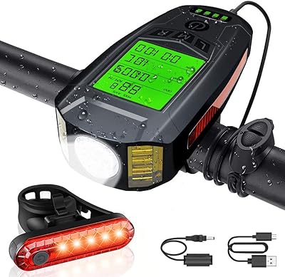 Front and rear rechargeable front and rear lighting set by USB, 5 lighting modes with speedometer and calories meter for mountain biking and night cycling.. DIAYTAR NIGERIA: Where shopping is affordable, selection is vast, and delivery is always reliable.