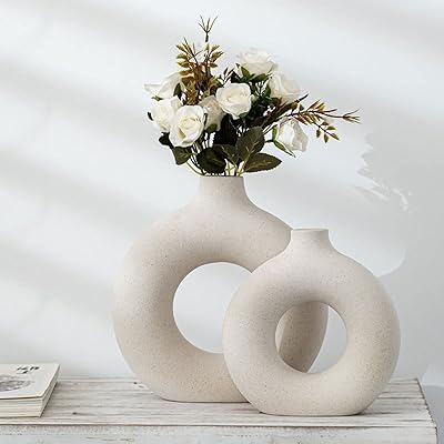 Leicofay Lot of 2 hollow vases in the shape of a ceramic donut, white color vases for decoration, minimalist Nordic style, for wedding, dinner, table, living room, office, bedroom (l9 inches x l 8 inches, 1 inch bottle mouth).. Enjoy effortless shopping and speedy delivery with DIAYTAR Nigeria.