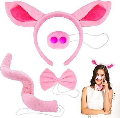 The set of pig costumes includes a headband with pig ears, a false pig nose, a bow tie and a long curly tail for a Halloween cosplay or party decorations - Rose.. DIAYTAR NIGERIA: Where convenience meets affordability with delivery across Nigeria in under 8 days.