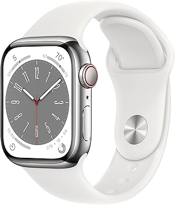 Apple Watch Series 8 (GPS + Cellular, 41 mm) Silver stainless stainless steel case with white sports bracelet - Standard size.. Buy better with DIAYTAR Nigeria — the ultimate e-commerce platform in Nigeria.