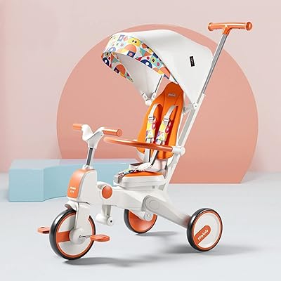 Foldable tricycle for baby 7 in 1, tricycle for toddlers aged 1.5 to 5 years, tricycle with handful of push for children, exterior toy bike for boy, all-terrain rubber wheel, reversible seat with awning (orange love).. No more overpriced stores — DIAYTAR Nigeria brings the best to your door.