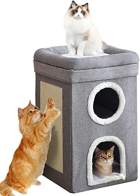 Cat bed with 2 -layer colotool - Foldable cave for cat and pet house, large cat house with breathable cotton cushion and scratch, interior hiding place for several cats and dogs, 40 x 40 x 65 cm.. DIAYTAR NIGERIA provides endless shopping possibilities with affordable prices and prompt delivery service.