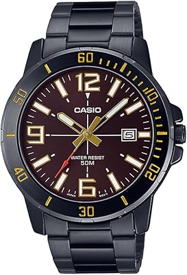 Casio analog watch in stainless steel for men with brown dial and boxed case and black tinned bracelets, MTP-VD01B-5BVUDF model... DIAYTAR NIGERIA: Putting quality products within reach of every Nigerian through our affordable marketplace.