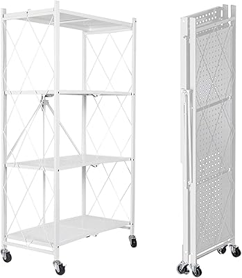 Arab foldable standable shelf, modular storage support, robust metal storage support with casters, no necessary assembly (white, 4 levels).. Experience shopping freedom with DIAYTAR NIGERIA's vast selection and dependable nationwide shipping.