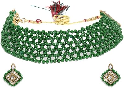 A necklace of pearls and earrings set with green crystals for women, ZPFK9954 model, one size, Zaveri pearls, one size, zinc, Austrian pearls and diamonds.. Shop smart with DIAYTAR NIGERIA, offering a vast product range delivered to your doorstep within a week.