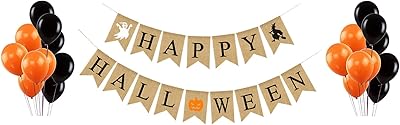 Banner in Happy Halloween party jute canvas - assembly garland with latex balloons - orange and black decorations - porch wall of the home school office - by Jolly Jon.. You choose it, we deliver it — DIAYTAR Nigeria makes shopping easy.