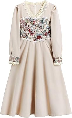 OPUMI Beach dress for women, vintage spring dress with long sleeves, V -neck, ruffles and patchwork embroidery, soft dress for women (size: L).. Shop across boundaries with DIAYTAR NIGERIA's comprehensive platform and budget-friendly delivery.