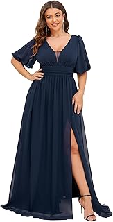 Ever-Pretty plus formal evening dress for women, V-neck, puffy sleeves, split ruffles, line A, large size 01385-Da.. DIAYTAR NIGERIA: Connecting Nigerians with their needs through our affordable and diverse marketplace.
