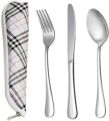Set of portable reusable cutlery for travel/campsite with 3 -room stainless steel travel bag (knife, fork, spoon) reusable utensils, portable travel silverware set.. DIAYTAR NIGERIA makes online shopping accessible with our budget-friendly prices and reliable shipping.