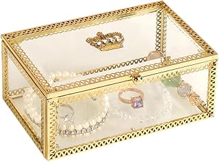 DRW Hem Organizer of golden glass cosmetics and ancient brass, rectangular storage box for makeup accessories for lipsticks, sponges, necklaces and earrings, transparent windows.. Shop with confidence at DIAYTAR NIGERIA, Nigeria's premier affordable e-commerce platform.