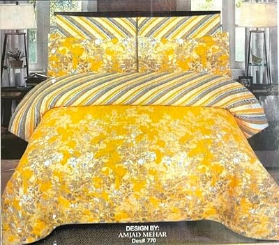 3 -room cotton bedroom set 150 threads, King size luxury set (1 flat sheet + 2 pillowcases) (yellow floral motif 770).. DIAYTAR NIGERIA brings the marketplace to your home with budget-friendly prices and nationwide delivery.
