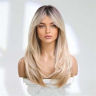 Long blonde wigs Vowyore for women, natural synthetic hair with dark roots for daily party.. DIAYTAR Nigeria: Shopping that fits your budget and your schedule.