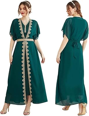 Dress embroidered with silk muslin for women, golden green, contrasting design, classic, V -neck, short sleeves, ankle length, banquet dress.. DIAYTAR NIGERIA connects desire with fulfillment through our affordable e-commerce platform.