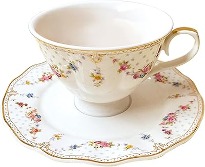 Set of tea cups and saucers with European floral design fan treatment, coffee cup in ancient porcelain with golden border, small espresso tea cup and 5.5 oz latte.. DIAYTAR NIGERIA combines affordability with convenience, delivering your purchases within 5-8 days.