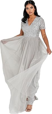 Women's dress for wedding guest, large size, high waist, sequins, short sleeves, bridesmaid of evening.. DIAYTAR NIGERIA: Where convenience meets affordability with delivery across Nigeria in under 8 days.