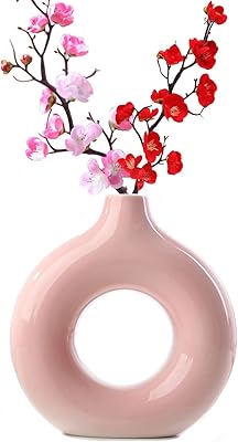 Round vase in modern Nordic ceramic mat, hollow vase in the shape of a Boho style donut for house decoration, living room, office, kitchen table (size s, pink).. DIAYTAR NIGERIA delivers affordability and convenience with every purchase, shipped within the week.