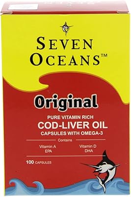 Pure vitamin capsules rich in original cod liver oil with Omega 3 from Seven Ocean - 100 pieces.. DIAYTAR NIGERIA connects you with what you need at prices you'll love, delivered within 8 days.