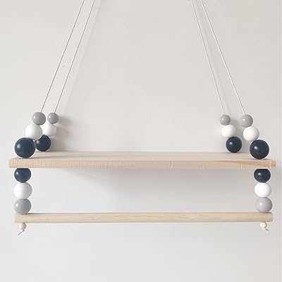 Wall shelf hanging in northern colored pearls with suspended wooden rope, storage support for double layer wall plate for children's bedrooms, children's bedroom, kitchen (gray) (gray).. Need it fast? Need it cheap? Choose DIAYTAR Nigeria.